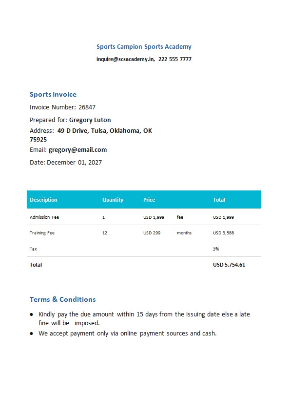 Free Sports Invoice Template PSD template